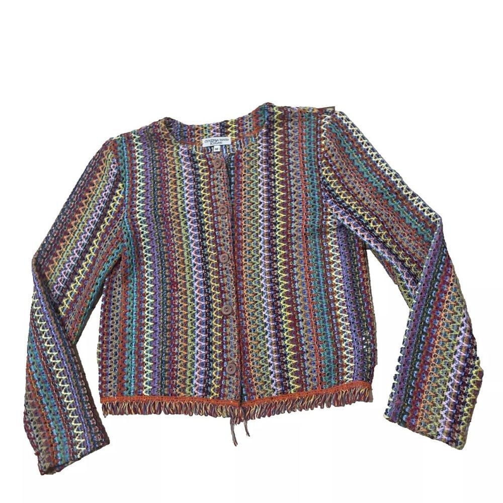 CYNTHIA MAX Relax Women's M Cardigan Blazer Rainbow Multicolor Knit Fringe VTG M
